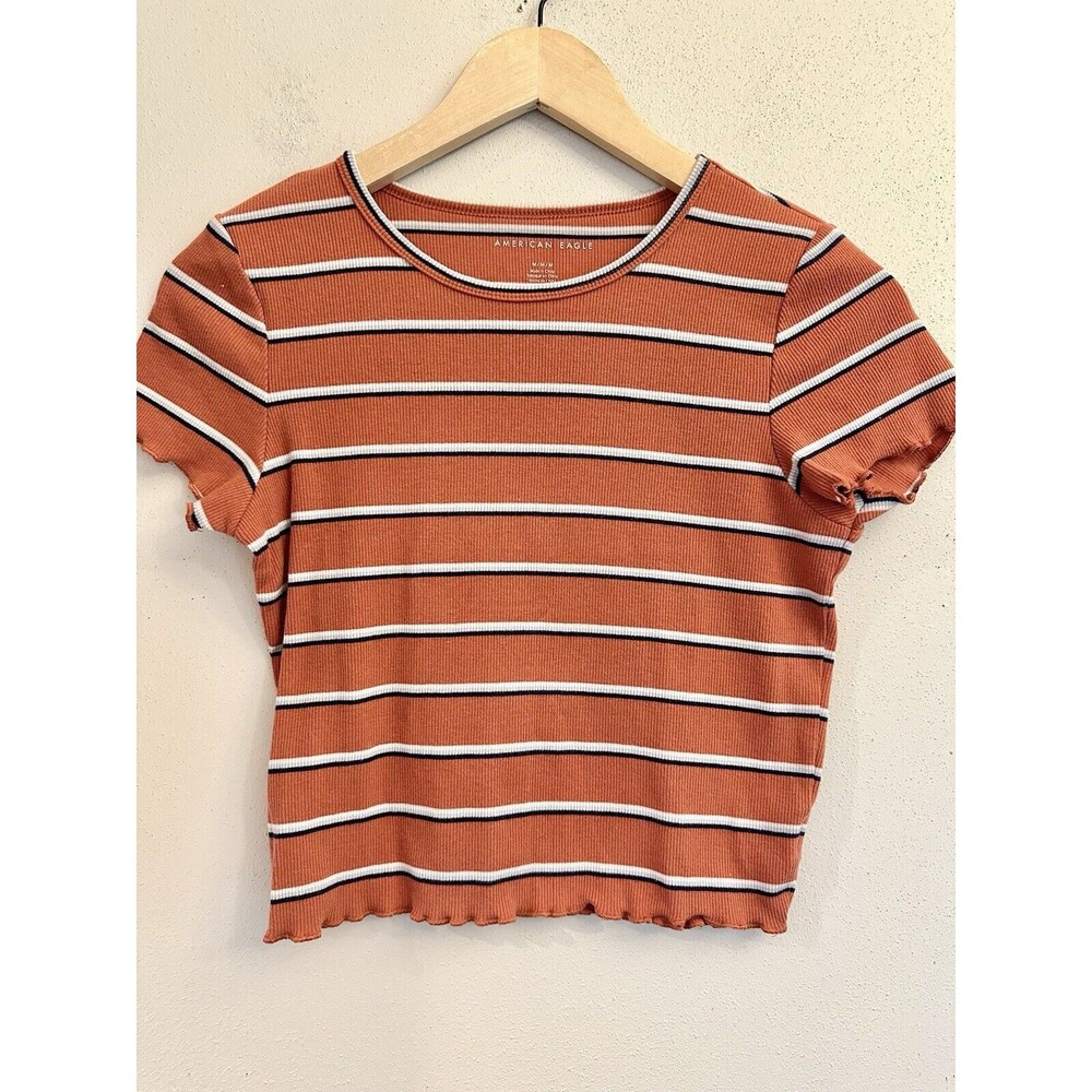 American Eagle Women's Orange Striped Short Sleeve‎ Lettuce Trip Shorts Size M
